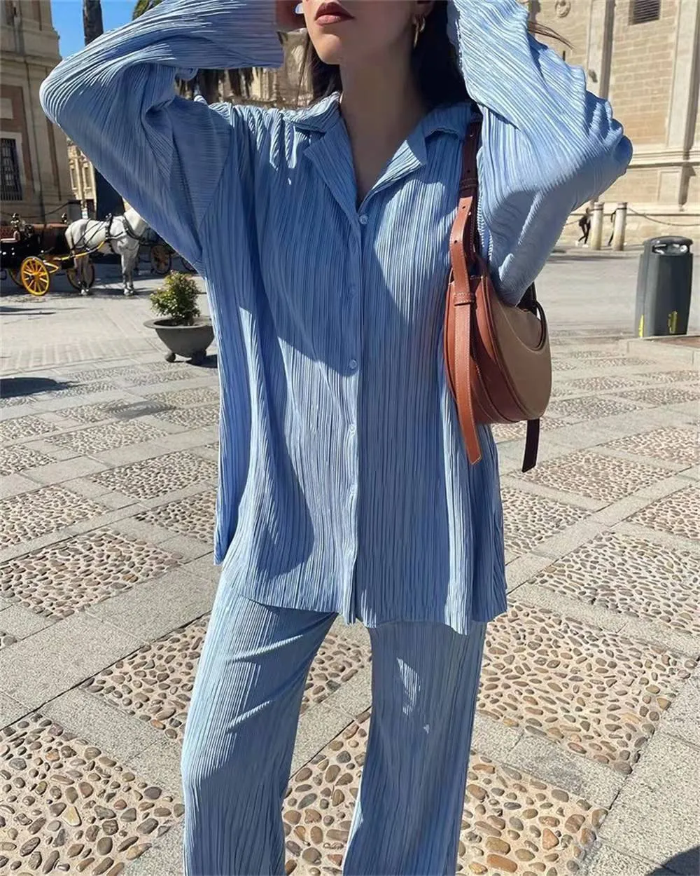 Ladies Solid Color Drape Loose Silky Wrinkled Casual Two-piece Set